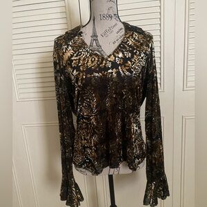 Sno Skins golden brown velvet burnout blouse ruffle bell sleeve dark romantic